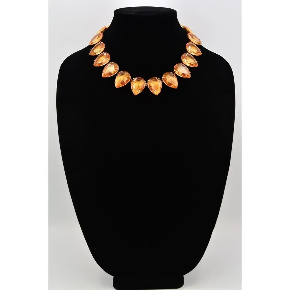J.Crew Vintage Orange Crystal Teardrop Gold Statement Necklace Chunky Heavy BinY